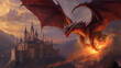 A majestic image of a fire-breathing dragon soaring over a medieval castle