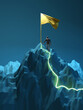 Man on top, Path to the top of the mountain success concept in digital futuristic style on blue background