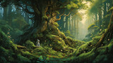 Fototapeta Fototapeta las, drzewa - A mystical forest where a benevolent tree spirit watches over the woodland creatures