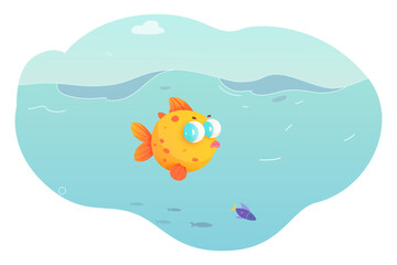 Tropical gold fish vector illustration. Cartoon isolated orange dragoneye goldfish character with big eyes, tail and fins, cute baby telescope fish on dark blue background of sea water with bubbles