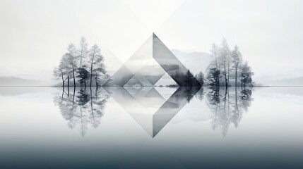 Poster -  a large body of water with trees in the background and a mountain in the distance.  generative ai