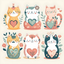 Cute Valentine Cat Characters Flat Illustration Detailed Vector Colorful Isolated White Background Set Of 6 