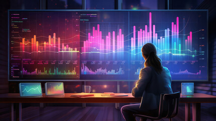 Wall Mural - Colourful graphic illustration. Analyst with large graphs on screen. Stock market concept.