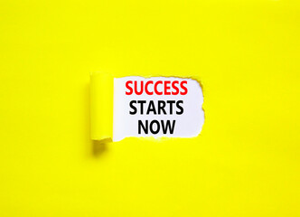 Wall Mural - Success starts now symbol. Concept word Success starts now on beautiful white paper. Beautiful yellow table yellow background. Business motivational success starts now concept. Copy space.