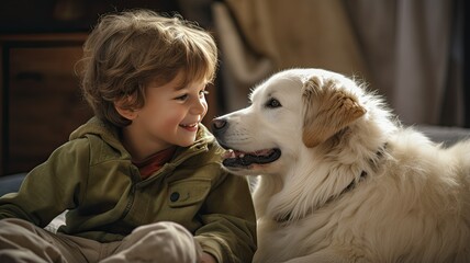 Wall Mural - A little boy laughing as he plays fetch with his mixed breed puppy in a bright, minimalist living room.