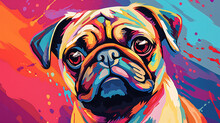 Adorable Pug Puppy In Pop Art Style Painting, Minimal. Digital Illustration Generative AI.