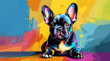 Adorable French Bulldog Puppy In Pop Art Style Painting, Minimal. Digital Illustration Generative AI.