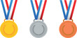 Gold, silver and bronze medals with ribbon flat vector icons for sports apps and websites