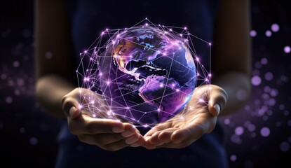 a hand holding an image of the earth and dots connected in a digital world Generative AI