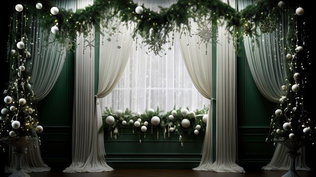  a window with a curtain and a bunch of christmas decorations.  generative ai