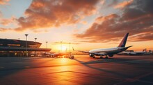 A Vibrant Sunset Illuminates The Airport Terminal Buildings And Runways, Casting A Warm Glow On The Sleek Silhouette Of Planes. Scattered Clouds Paint The Sky With Vibrant Hues As The Busy Tarmac Buz