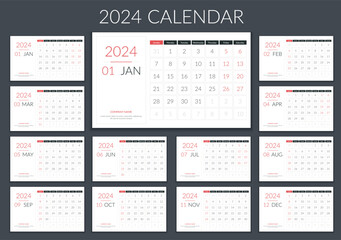 Wall Mural - 2024 Calendar template, planner, 12 pages, week starts on Sunday, vector eps10 illustration