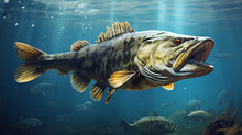 Large Bass Fish Swimming In The Ocean. The Fish Is Facing Towards The Right And Is Slightly Tilted Upwards. It Has A Long, Slender Body With A Broad Head And Large Fins