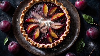 Wall Mural -  Appetizing plum pie on old background