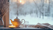 teapot and candle, winter still life. 