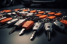 A bunch of keys sitting on top of a table. Can be used to represent security, home, access, or ownership.