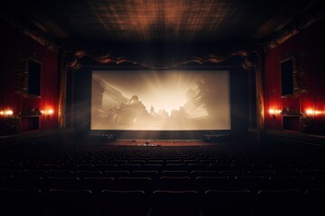 Poster - A picture of a spacious theater with a large screen and vibrant red walls. Perfect for showcasing films, presentations, or performances in a captivating setting.