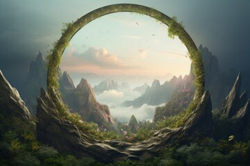 Sticker - A stunning mountain landscape with a unique circular opening in the center. This image can be used to depict the beauty of nature and the wonders of the natural world.