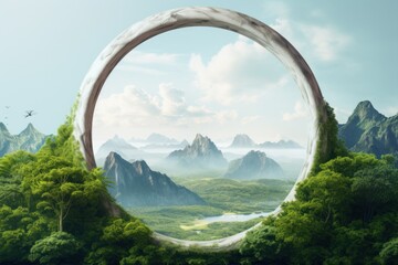 Sticker - A round hole in the middle of a forest with mountains in the background. This image can be used to depict a mysterious or hidden location.