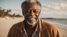 Bel Signore Di Origini Afro Americane Pensionato Sorridente Su Una Spiaggia Di Un Mare Tropicale
