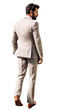 Isolated back view of a handsome bearded man wearing abeige suit, walking, cutout on transparent background, ready for architectural visualisation.	
