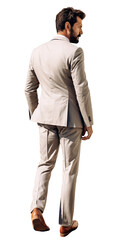 Wall Mural - Isolated back view of a handsome bearded man wearing abeige suit, walking, cutout on transparent background, ready for architectural visualisation.	
