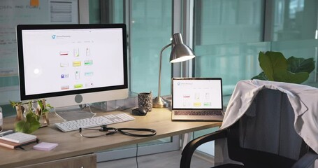 online, medicine website and computer screen on desk in healthcare, medical and hospital office. Clinic, ecommerce and digital company design for telehealth business or web consultation at workplace