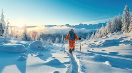 Man walking with snowshoes in winter forest landscape.