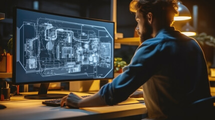 Fototapete - Engineer working with CAD software on desktop computer at factory.