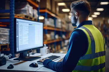 Aufkleber - Warehouse worker viewing a spreadsheet on a computer screen at factory.