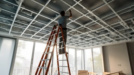 Aufkleber - Worker stands on a ladder and make a ceiling at home under construction.