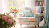 Fototapeta  - Cozy cute girly interior with soft chair and fresh spring flowers, pastel blue and pink color palette. Provence style room. 