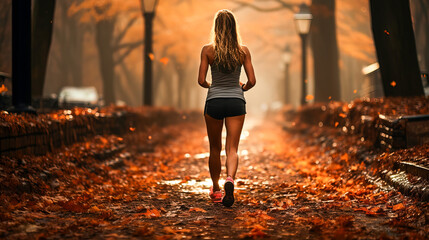 Runner feet on road in the city, closeup on shoes. Woman fitness sunrise jog workout wellness concept.