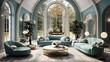 Art deco style home interior design of modern luxury living room with a curved round turquoise tufted sofa and pouf in a room with white classic panels wall