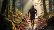 Runner in green forest running in rain. Sport in nature. Trail running