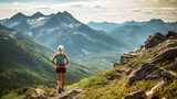 Fototapeta Do pokoju - A strong female trail runner with majestic mountains and blue sky. AI