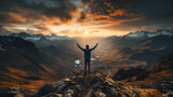 Fototapeta  - Hiker with arms up standing on the top of the mountain - Successful man enjoying triumph - Sport and success concept