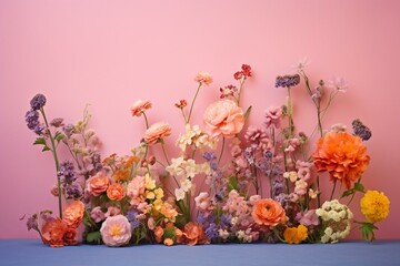 Wall Mural - Colorful flowers against a pink background. Generative AI