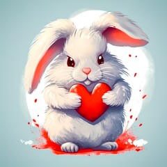 A white rabbit holding a red heart on a blue background