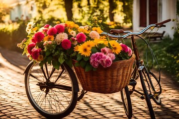 bicycle and flowers in basket, A quaint bicycle basket adorned with vibrant, freshly-picked flowers stands as a symbol of simplicity and beauty.