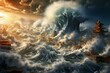 Illustration of destructive ocean waves caused by a powerful tsunami and earthquake. Generative AI