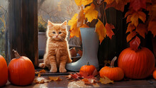 An Adorable Ginger Kitten Sits On The Porch On A Rainy Autumn Day, Next To Rubber Boots, Fallen Leaves, Pumpkins . The Concept Of Autumn In The Countryside.