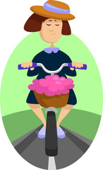 Poster - Girl with hat riding bicycle, illustration, vector on a white background.