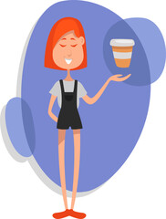 Sticker - Girl with coffee mug, illustration, vector on a white background.