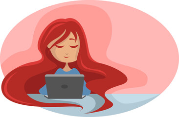 Sticker - Girl with long red hair, illustration, vector on a white background.