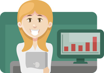 Poster - Girl smiling and holding laptop, illustration, vector on a white background.