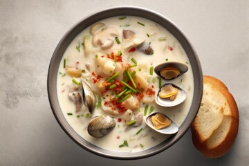 Wall Mural - Delicious Clam chowder. Traditional American cuisine. Popular authentic dishes. Background with selective focus