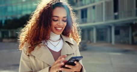 Canvas Print - City, walking and woman with a cellphone, typing and social media with connection, email notification or mobile user. Person, outdoor or happy girl with digital app, smartphone or website information