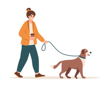 Young Woman Walking With Dog. Girl With Cute Dog On Leash. Pet And Owner Spending Time Together, Everyday Outdoor Activity, Healthy Lifestyle Concept. Vector Flat Illustration Isolated On White.