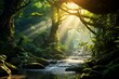 A magical rainforest with sunlight creating enchanting atmosphere. Generative AI